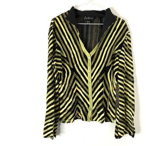 Cartise Lemon Lime Stripe Black Mesh Bell Sleeve Blouse Sheer Trendy Top